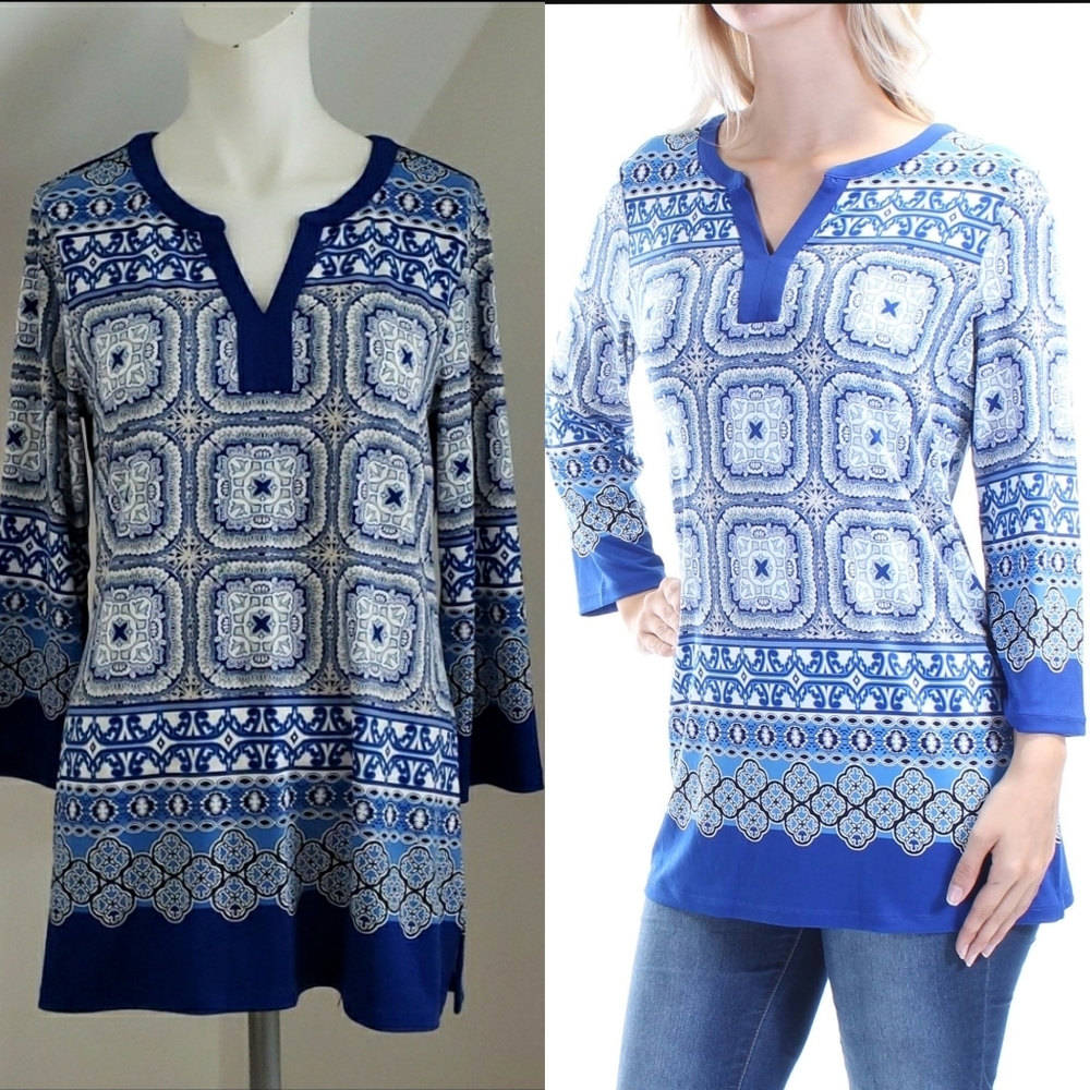 Charter Club Split V-Neck Printed Three-Quarter-Sleeve Top, Size S